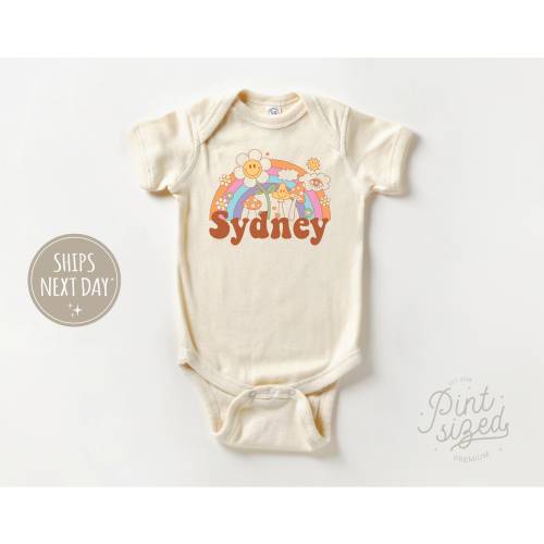 Groovy Custom Name Onesie® - Retro Personalized Bodysuit - Rainbow Natural Baby Onesie®