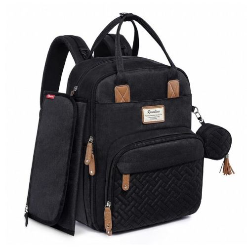 RUVALINO Large Diaper Bag Backpack, Waterproof Baby Travel Pack with Changing Pad & Stroller Straps, Black