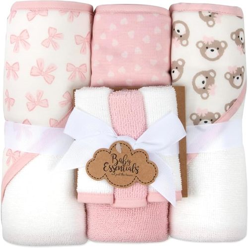 Hooded Baby Bath Towel and Washcloth 6 Piece Set for Newborns, Infants & Toddlers, Boys & Girls Baby Hooded Towels Set (Pink Bows and Teddy Bears)