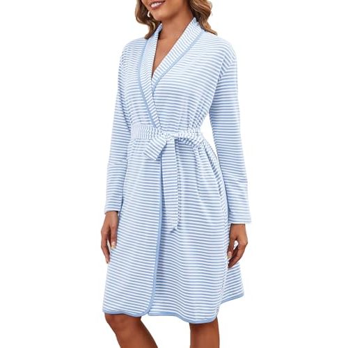 Namatime Cotton Robes for Women Striped Long Sleeve Kimono Bath Robe Lightweight House Coat Bathrobe Loungewear with Pockets