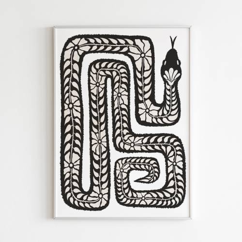 Black and White Snake Art Print. Snake Art. Flower Art Print. Snake Flower Art. Flower and Snake Wall Art.