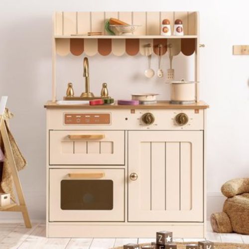 Robotime Play Kitchen For Kids Toddlers,wooden Pretend Play Kitchen Set Toy With Cutting Food Set, Toys Gift For 3+ Kids,beige,23"*11.7"*32"