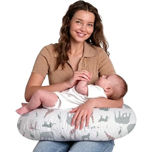 Little Grape Land Nursing Pillow, Soft 100% Cotton Breastfeeding Pillow with Breathable Muslin Removable Cover, Breast Feeding Pillows for Babies 0-12 Months with Protective Zipper, Safari