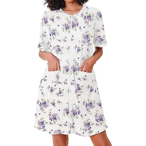 Ekouaer Women Zipper Robes Knit Short Bathrobe Lightweight House Coat with Pockets Soft Nightgown 3-3XL