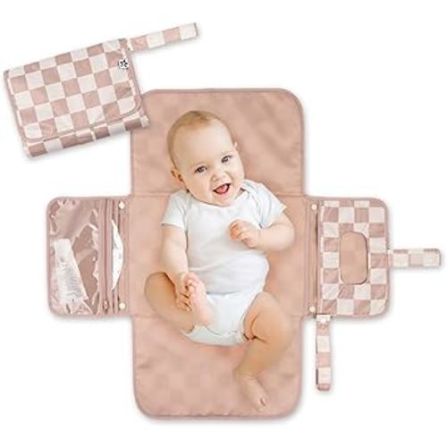 Tiny Twinkle Portable Diaper Changing Pad – Foldable, Waterproof & Compact Travel Changing Mat with Storage | Smart Wipes Pocket for On-The-Go Parents(Beige Checkers)