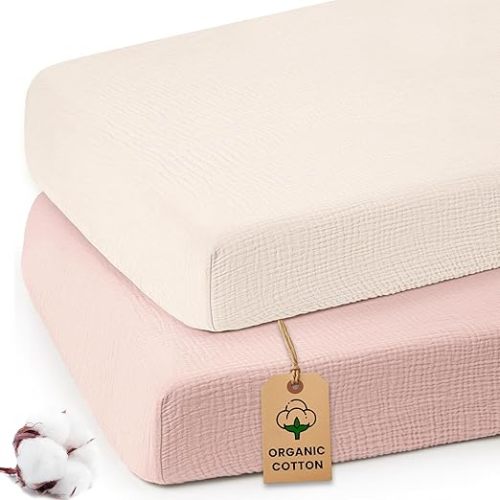 Organic Cotton Muslin Crib Sheets (Set of 2) – Soft & Breathable Fitted Sheets for Boys and Girls, Neutral Colors – Fits Standard Baby Crib Mattress (28 x 52 Inches) (Peach/Ivory)