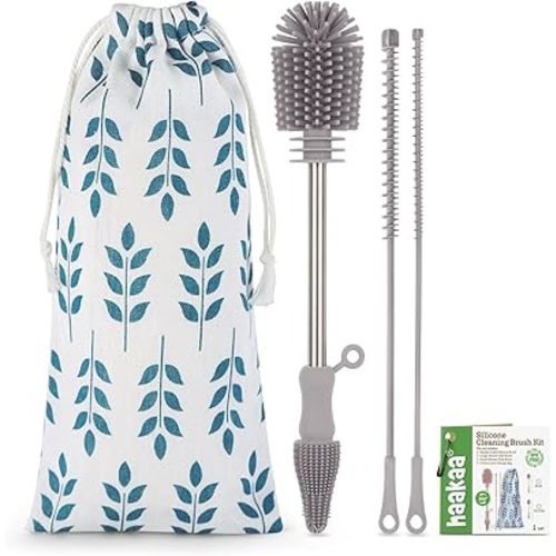 haakaa Silicone Cleaning Brush Kit - SUVA Grey - Bottle Brush for Breast Pumps, Breast Milk Collector, Baby Bottles, Nipples, Breastmilk Storage Bags