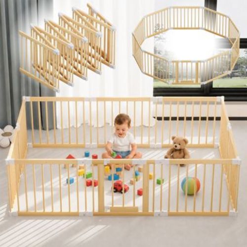 Foldable Wooden Baby Playpen, Adjustable Multi-Shape Baby Play Yard with Child-Proof Lock, Portable Wood Fence - 56 x 83 x 23.6 inches(10 Panel)