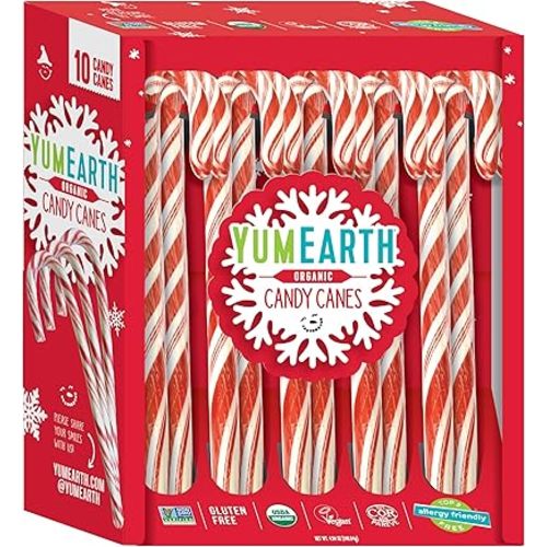 YumEarth Organic Candy Canes - Individually Wrapped Full Size Peppermint Candy Canes - Allergy Friendly, Non GMO, Gluten Free, Vegan - 10 Count (Pack of 1)