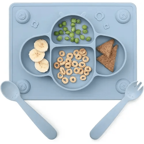 ROCCED Suction Plates for Baby placemat Spoon Fork Set for Toddlers, Silicone Baby Plates with Suction Baby Dishes for Kids Plates-Dusty blue