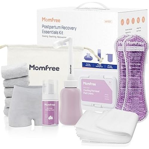 Postpartum Essentials Recovery Kit: Labor Delivery Post Partum 13 PCS Recovery Mom Care Set - Upside Down Peri Bottle | XL Disposable Underwear | Soothing Pads | Perineal Healing Foam | Canvas Bag