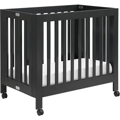 Babyletto Origami Mini Portable Folding Crib with Wheels in Black, 2 Adjustable Mattress Positions, Greenguard Gold Certified