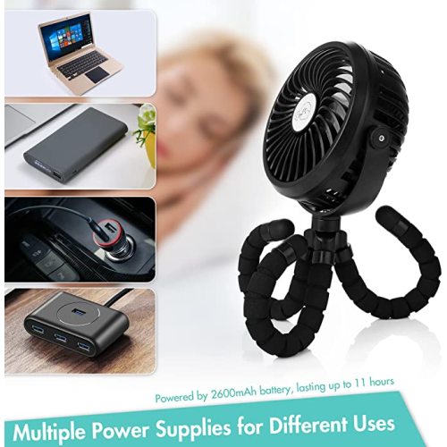 Battery Operated Stroller Fan Flexible Tripod Clip On Fan with 3 Speeds and Rotatable Handheld Personal Fan for Car Seat Crib Bike Treadmill (Black)