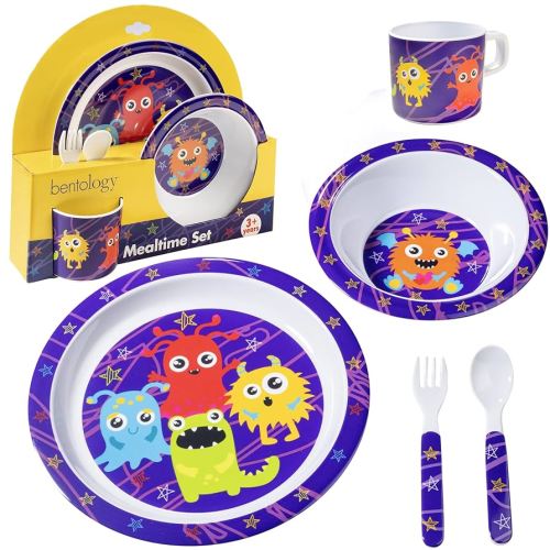 5 Pc Mealtime Feeding Set for Kids and Toddlers - Monster - Includes Plate, Bowl, Cup, Fork and Spoon Utensil Flatware - Durable, Dishwasher Safe, BPA Free