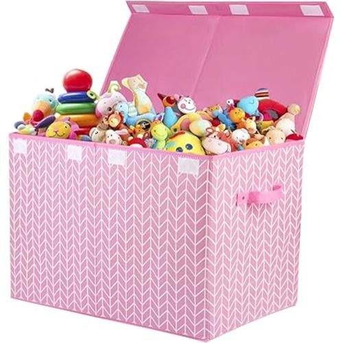 Large Toy Storage Box Chest for Girls Kids, Sturdy Toy Box Bin Organizer Baskets with Lid for Living Room, Nursery, Closet, Bedroom, Playroom 25"x13" x16" (Pink)