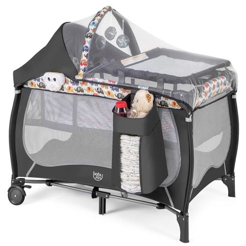 BABY JOY 4 in 1 Pack and Play, Portable Baby Playard with Bassinet, Adjustable Canopy, Changing Table, Lockable Wheels, Music Box, Travel Baby Crib Bassinet from Newborn to Toddler