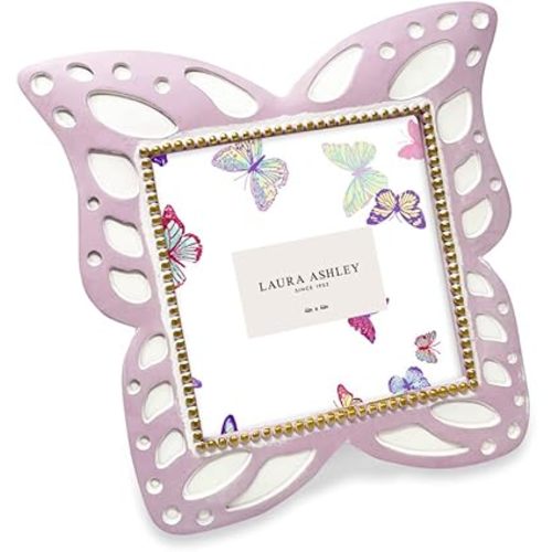Laura Ashley 4x4 Lavender Resin Butterfly Picture Frame with Dotted Edges, Photo Frame with Black Fabric Easel, Made for Tabletop & Wall-Hanging Display (4x4, Lavender)
