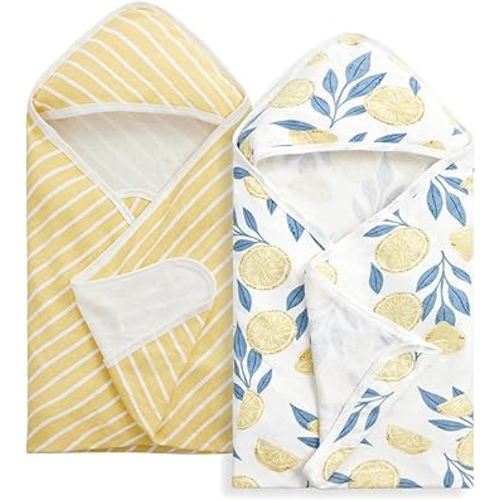 Momcozy Baby Hooded Towel, 2 PackBaby Towel Set, Super Soft Bath Towel with Original Design, Shower Gifts for Infant, Toddler (28 X 28 Inch, Lemon Leaves)