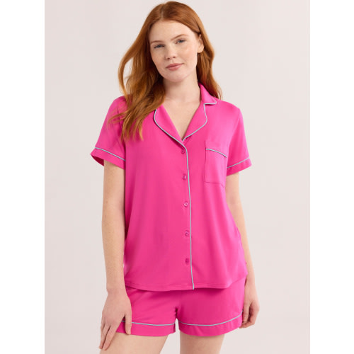 Joyspun Women’s Short Sleeve Knit Notch Collar Top and Shorts Pajama Set, 2-Piece, Sizes XS-3X