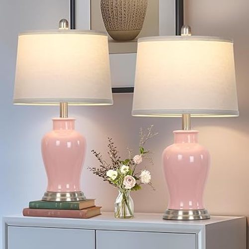 23" Ceramic Table Lamps Set of 2, Modern Ceramic Lamps for Living Room, Cute Bedside Lamps with Ginger Jar Design, Elegant Bedroom Lamps for Nightstand Dining Room Desk Side End Table Home Decor, Pink