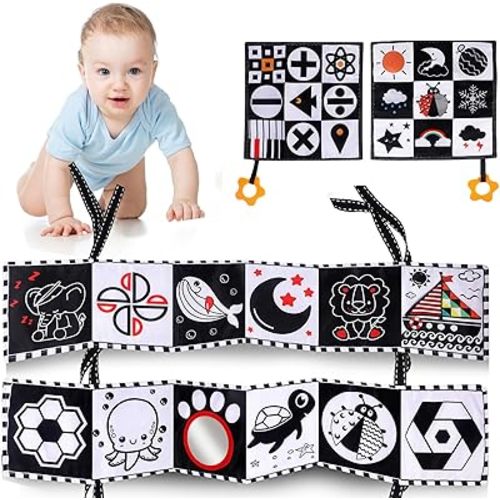 High Contrast Toys for Newborn, Infant Black and White Toy 0-6 6-12 Months, Tummy Time Toys, Soft Crinkle Baby Books for Newborn Brain Development