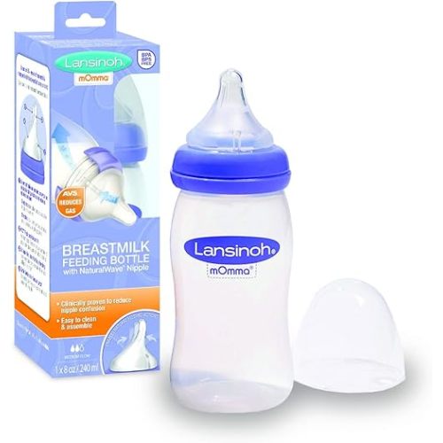 Lansinoh Momma Breastmilk Feeding Bottle with NaturalWave Nipple, 1 Count, 8 Ounce, Medium Flow Nipple, Soft Silicone Nipple, Collapse Resistant, Anti-Colic, BPS and BPA Free