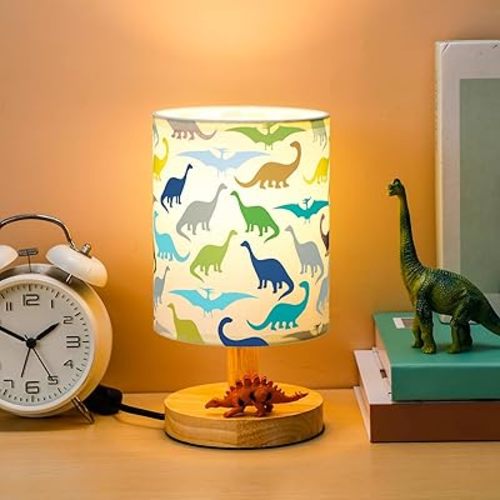 VIHOSE Dinosaur Lamp for Boy Dino Kids Lamp with Linen Wooden Nightstand Cartoon Nursery Light Lampshade for Girls Boys Living Room