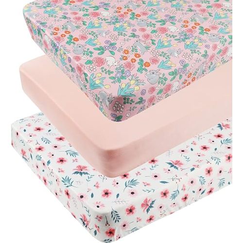 Pack n Play Sheet Stretchy Fitted Portable Mini Crib Sheets Set 3 Pack,Playard Sheets Convertible Playard Mattress Cover,Ultra Soft Jersey Material,Floral,Grey Rabbit & Pink