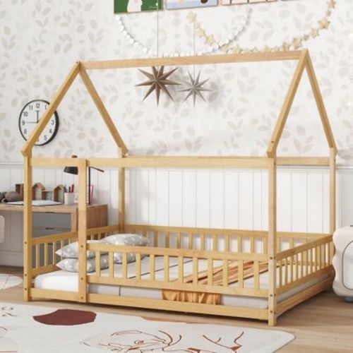 GDFStudio Kent Rubber Wooden Montessori Floor Bed with Guardrails