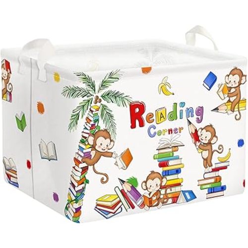 Clastyle Reading Corner School Classroom Book Basket 36L Large Monkey Book Tree Shelf Basket for Kid Nursery Room Collapsible Rectangle Clothes Towel Toy Storage Basket