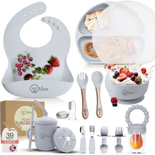 O'doe 17-Piece Baby Led Weaning Feeding Supplies for Toddlers, Baby Feeding Set | Suction Silicone Baby Bowl Self Eating with Fruit Feeder, Cup, Bibs, Food Plate Kit with Lid 6+ Months | Grey V2