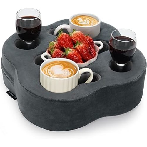 Couch Cup Holder Pillow, Sofa Organizer Caddy Bed Refreshment Tray for Drinks, Remotes, Phones, Snacks (Grey)