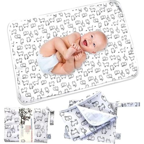Flock Three Waterproof Baby Diaper Changing Pad with Storage Bag (43.3" X 28.7") Washable Wipeable Reusable Leak Proof Diaper Travel Mat Station Changing Mattress Liner Cribs Bed Cover, Cats