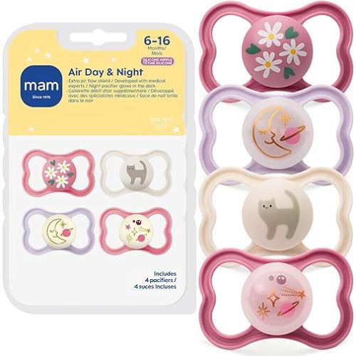 MAM Air Night & Day Baby Pacifier, for Sensitive Skin, Glows in The Dark, 6-16 Months, Girl, 4 Count