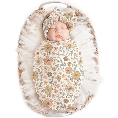 Konssy Baby Girl Newborn Receiving Blanket with Headband Set Baby Swaddle Nursery Swaddle Wrap