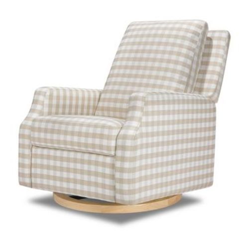 Namesake Crewe Recliner and Swivel Glider - Tan Gingham with Light Wood Base