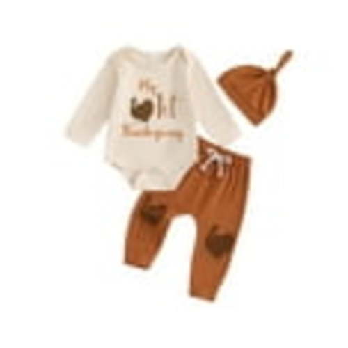 Qtinghua Newborn Baby Boy Thanksgiving Outfit Long Sleeve My 1st Thanksgiving Romper Long Pants Hat 3Pcs Clothes Set 0-18M