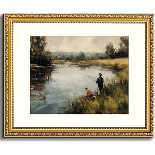 AtterrirArt Gold Framed Vintage Wall Art 13 * 16inch, Boy Fishing Wall Decor Canvas Print, Farmhouse Dog and Boy Room Decor, Country Landscape Lake Wall Art For Bedroom Nursery Living Room, Ready to Hang
