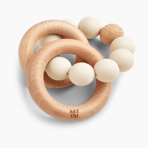 AEIOU Silicone & Wood Multi-Ring Teether - Oat Milk