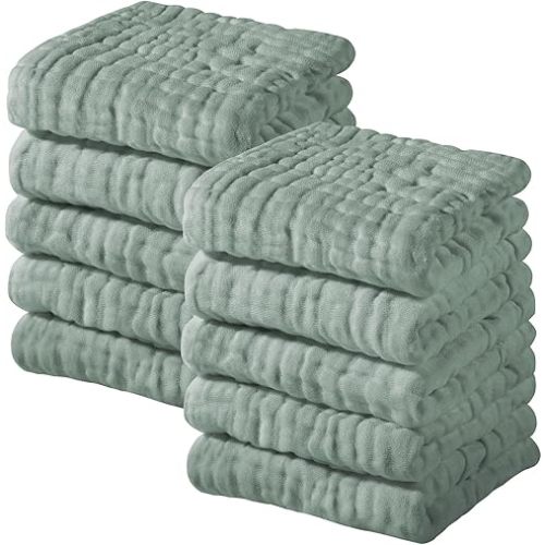 Yoofoss Muslin Baby Washcloths 100% Cotton Face Towels 10 Pack Wash Cloths for Baby 12x12in Soft and Absorbent Baby Wipes (Dark Green)