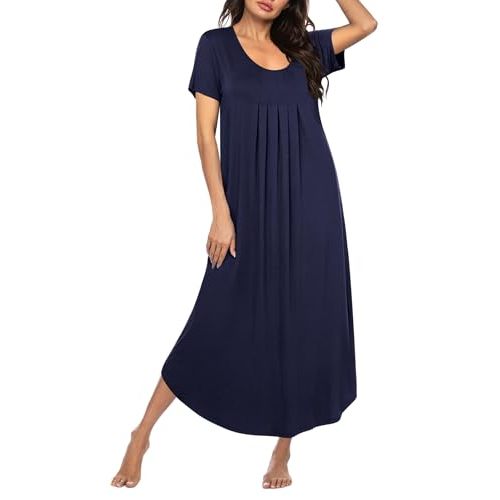 Ekouaer Long Nightgowns for Women House Dress Plus Size Sleepwear Pleated Full Length Loungwear S-4XL