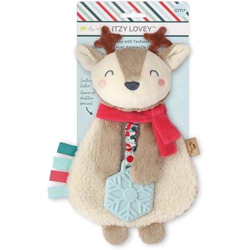 Itzy Ritzy - Itzy Lovey Including Teether - Baby Lovey with Teether, Textured Ribbons & Dangle Arms - Features Crinkle Sound, Sherpa Fabric and Minky Plush (Jolly The Reindeer)