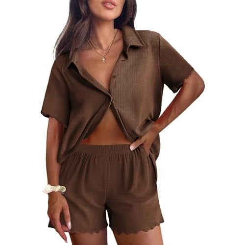 Ekouaer Womens Ribbed Knit Lounge Set Short Sleeve Button Down Top and Shorts Pajama Set 2 Piece Sleepwear Outfits Set