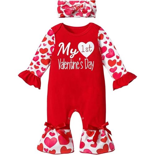 Valentines Baby Girl Outfit, Letter Printed Long Sleeve Romper Ruffle Jumpsuits with Headband 2Pcs Set