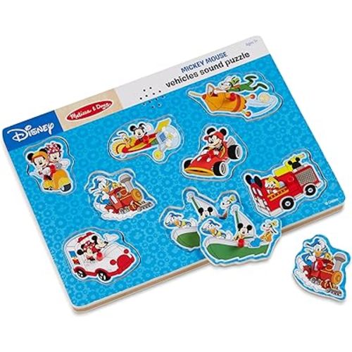 Melissa & Doug Disney Mickey Mouse and Friends Vehicles Sound Puzzle (8 pcs) - Mickey Mouse Toddler Toys, Wooden Sound Puzzles For Toddlers Ages 2+