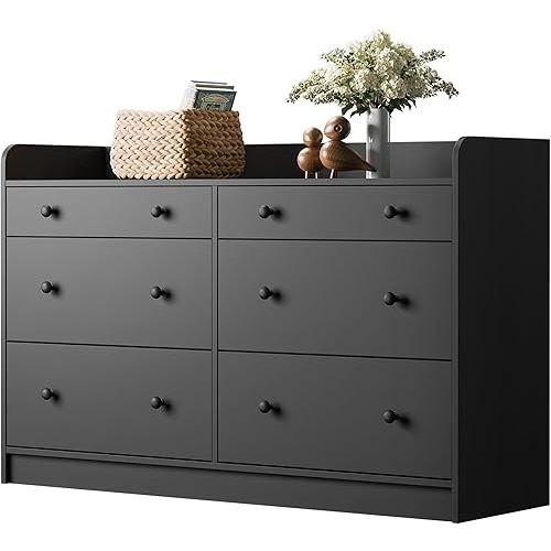 Cozy Castle 6 Drawer Dresser for Bedroom, Large Wood Dressers & Chests of Drawers 52'' Long Modern Sideboard Buffet Cabinet with Storage Accent Cabinets for Hallway, Entryway, Black