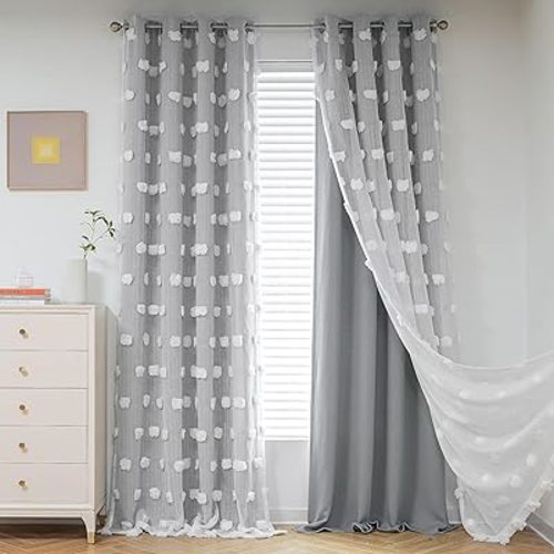 MYSKY HOME Living Room Curtains 84 Inchs Long Grey Curtains for Bedroom Blackout Curtains for Kids Room Grommet Room Darkening Pom Pom Curtains White Sheer Double Layer Drapes for Boys Room W52 X L84