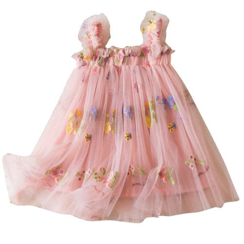 MeetoTime Girls Princess Dress Summer Sleeveless Floral Embroidery Mesh Dresses 6 Months-5 Years Baby Clothes
