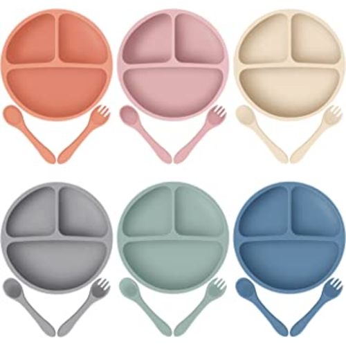 6 Pack Suction Plates for Baby with Spoon Fork Divided Toddler Plate with Suction Silicone Baby Self Feeding Set for Boys Girls (Dark Gray, Army, Dark Blue, Orange, Khaki, Pink)