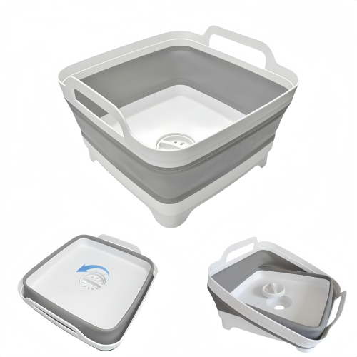 Collapsible Wash Basin with Drain Plug, 2.4 Gallons Space-Saving Camping Sink for RV, Collapsible Dish Tub (Gray)